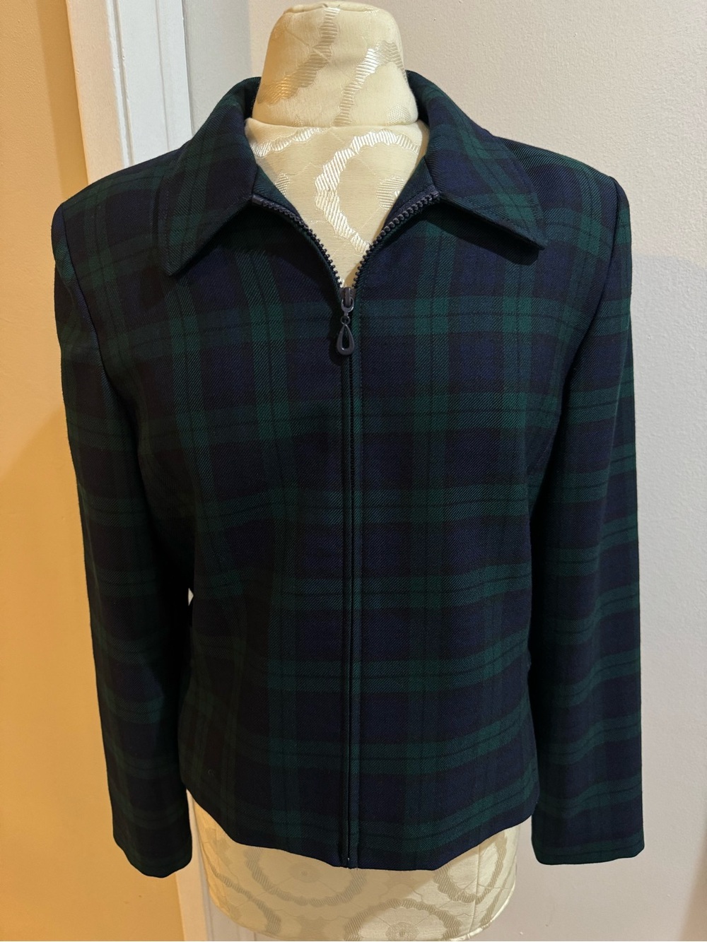 Pendleton Vintage Wool Tartan Plaid Green Blue Shoulder Pads Lined Zip Jacket 6